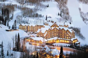 Montage Deer Valley covered in snow at dusk during winter