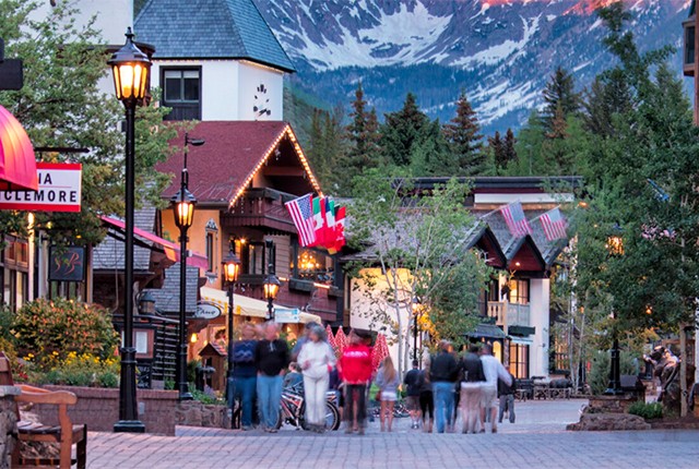 Hotel Gasthof village at Vail Resorts, Pepi's Restaurant at dusk.