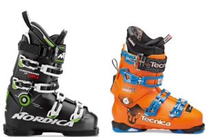 A pair of Nordica and Tecnica ski boots.