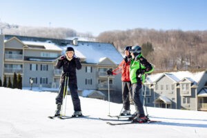 Group of skiers on a bluebird ski day