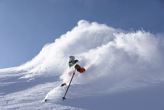 Wolf Creek, CO, skier deep in powder.