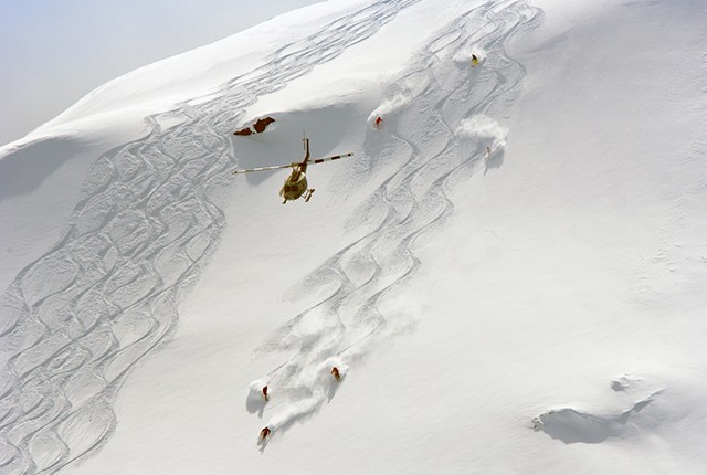 British Columbia, skiers make their mark on pristine powder, helicopter, heli-ski, backcountry.