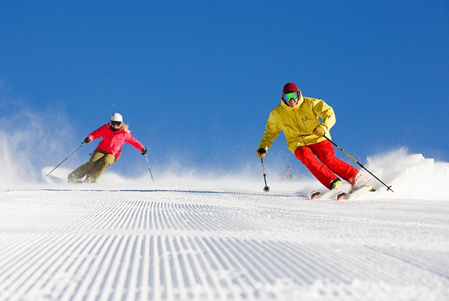 Thredbo Ski Resort Australia two skiers on the groomers.