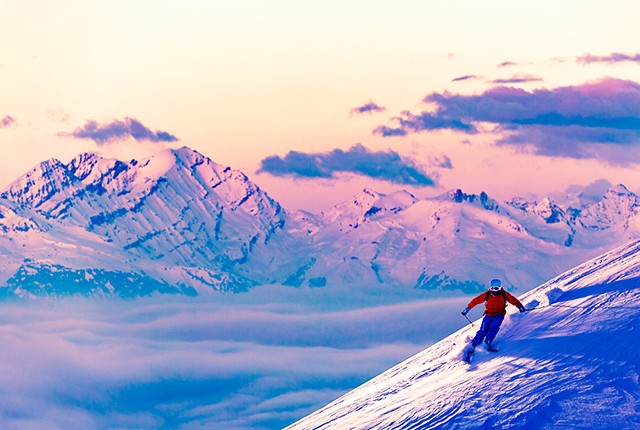 Verbier Switzerland skier at sunset.