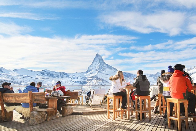 Zermatt, Switzerland, outdoor restaurant with view.