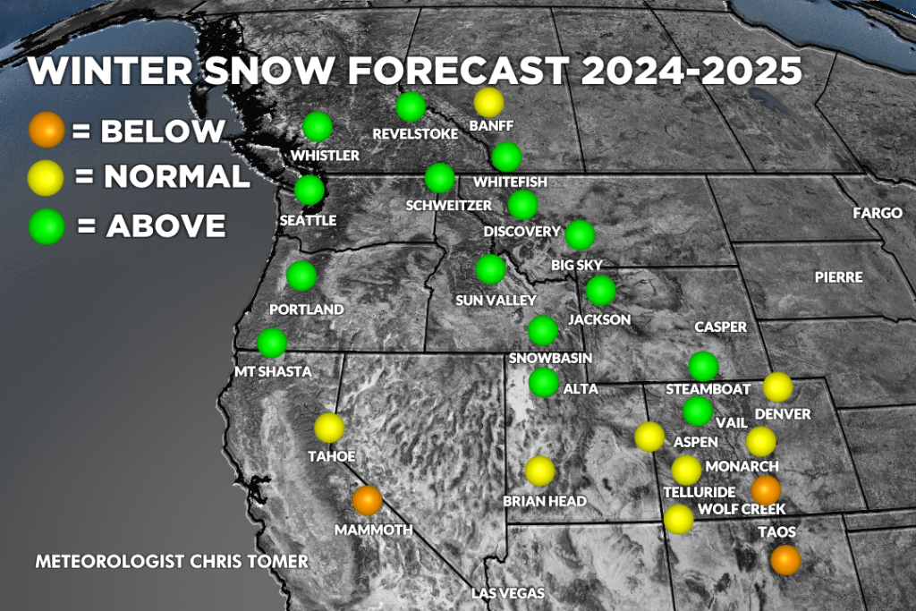 Graphic of snowfall predictions for the Pacific Northwest for the 2024-25 ski season