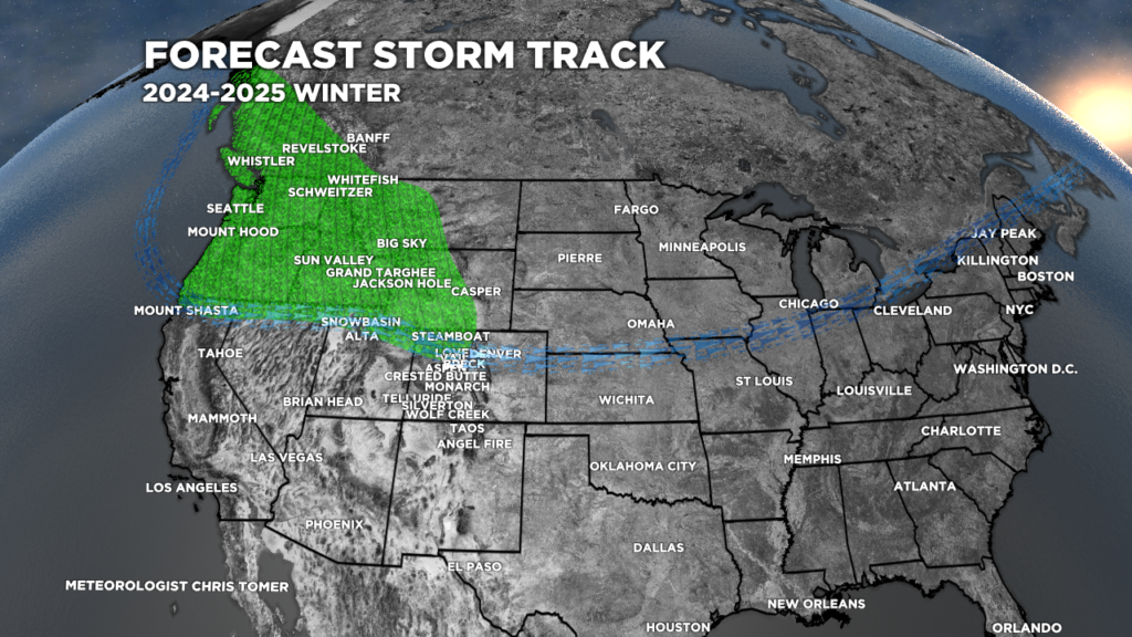 Graphic of winter Forecast storm track for the 2024-25 ski season in North America